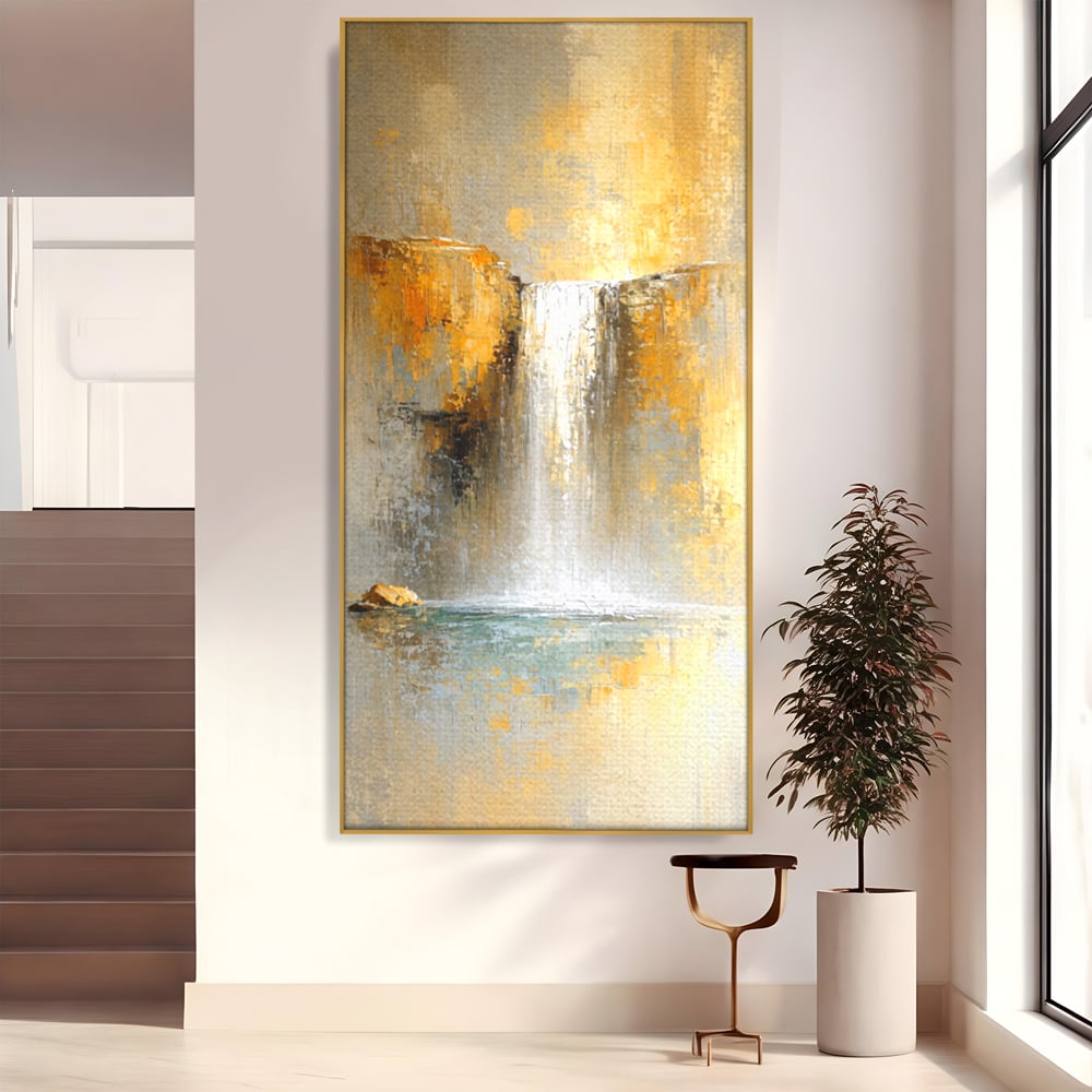 Tablou canvas cu pictura abstracta cu cascada aurie, in rama de aluminiu auriu